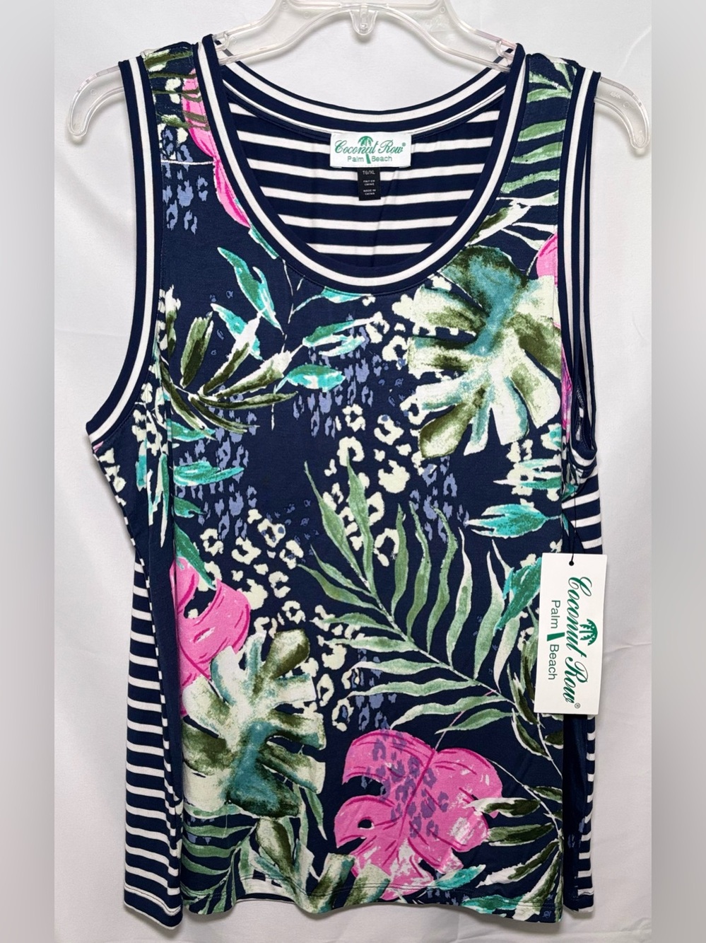 Coconut Row Palm Beach Tropical and Striped Sleeveless Top
